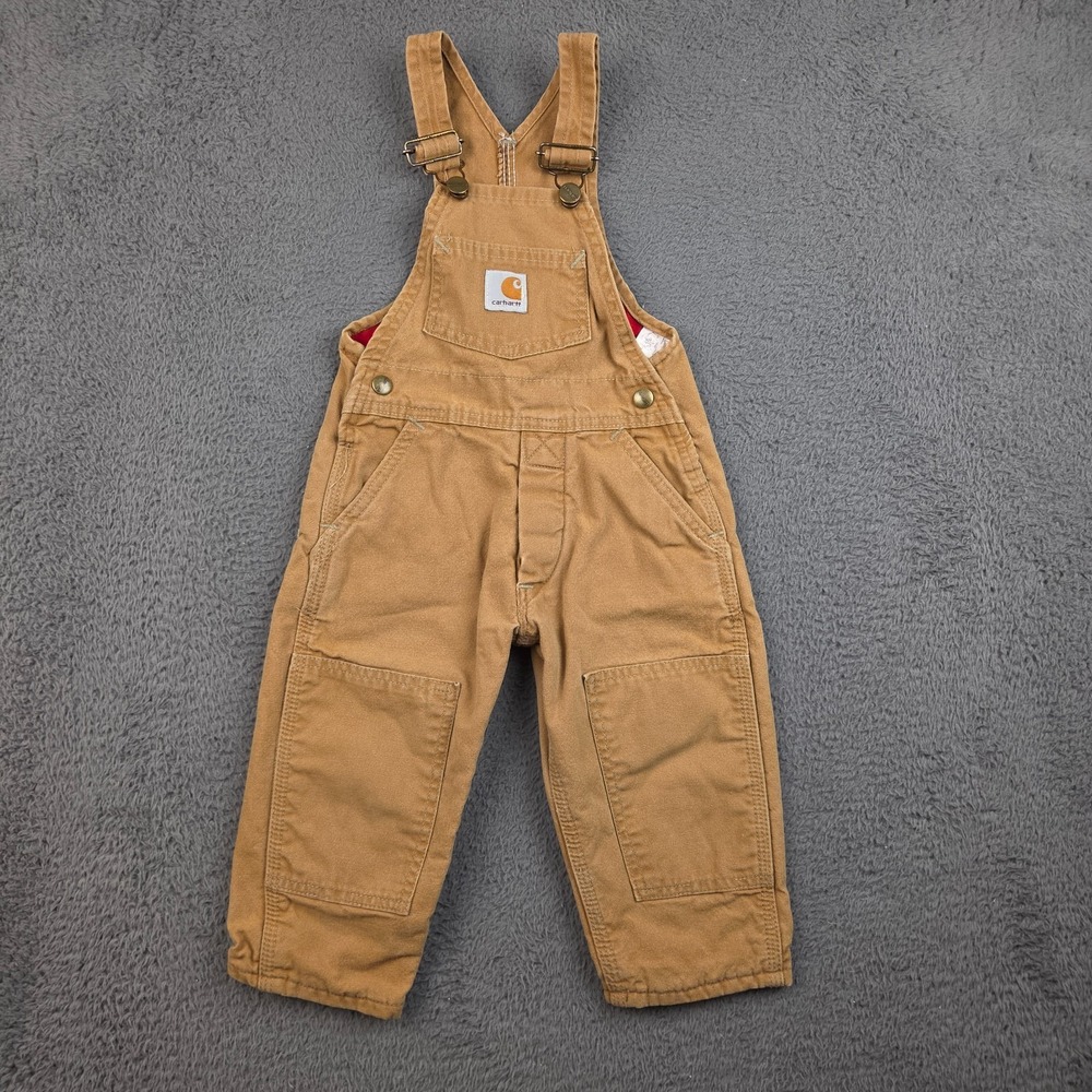 Vintage Carhartt Bib Overalls Kids 2T Double Knee Lined Canvas Tan BF406
